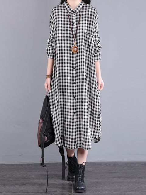 Plus Stærð Kvenna frjálslegur Plaid Pocket Laus Lín Cardigan Dress