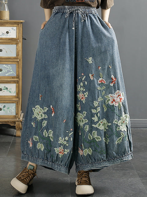 Pantaloni a gamba larga in denim con ricamo floreale primaverile da donna