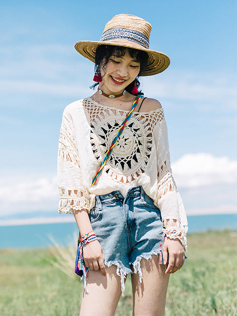 女款夏季旅行針織鏤空防曬襯衫