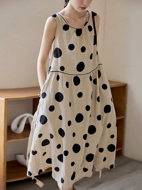 Plus Stærð Kvenna sumar Casual Dot Drawstring Lin Vest Dress