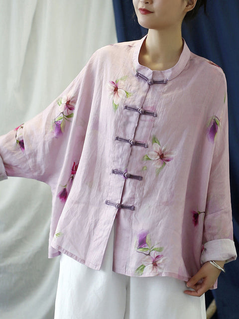 Camisa de mujer de talla grande con estampado vintage de flores en color rosa y ramio para primavera