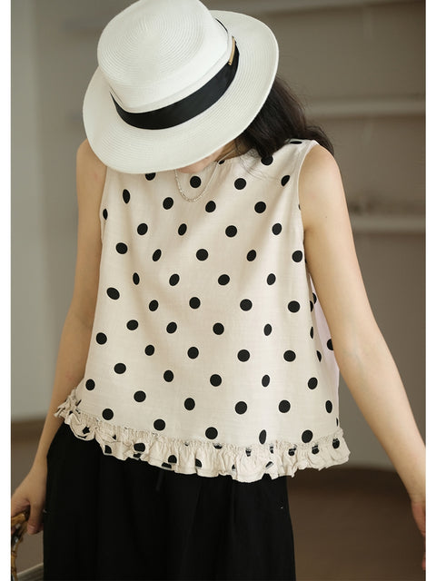 Plus Size Mulheres Casual Dot Lacework Hem Loose Cotton Vest