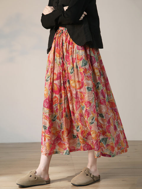 Plus Size נשים קיץ Artsy Flower Drwastring Ramie Skirt