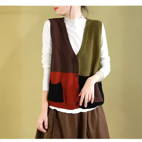 Damen Herbst Colorblock Strickweste mit V-Ausschnitt