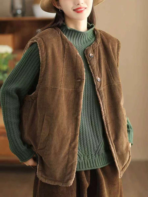 Women Casual Winter Solid Corduroy Plush Cotton Vest Coat