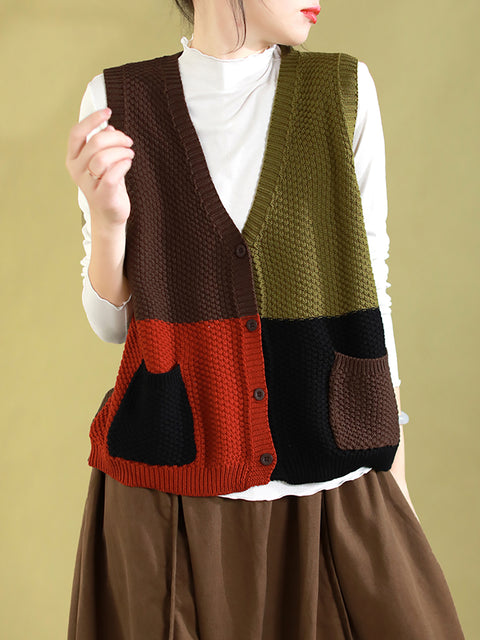 Gilet da donna con scollo a V lavorato a maglia color block autunnale