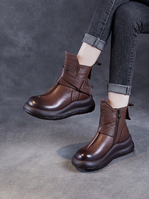 Bottines à plateforme épissées en cuir véritable vintage pour femmes