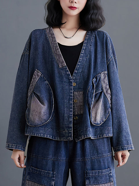 Kvinder Retro Spring Splejset Big Pocket Denim Coat