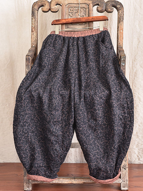 Pantaloni casual cu imprimeu vintage cu buzunar floral din in