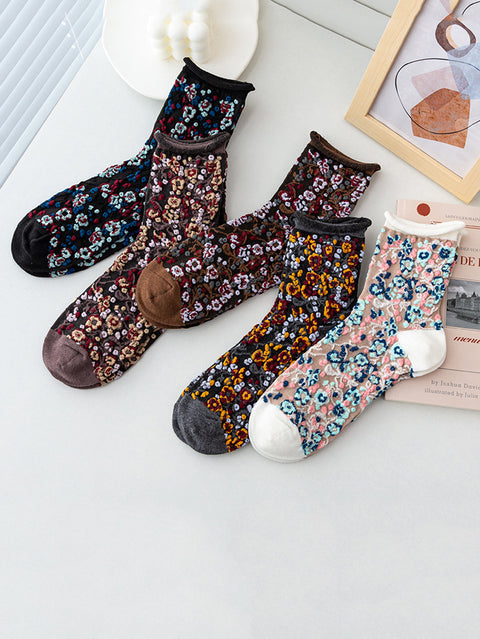 5 paires de chaussettes à ourlets en jacquard floral pour femmes d'hiver