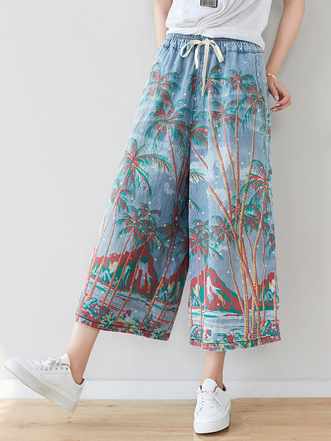 Dames zomer kunstzinnige print zak wijde pijpen denim broek