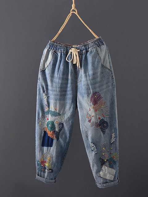 Kvenna sumar Vintage sauma vasa Denim Harem buxur