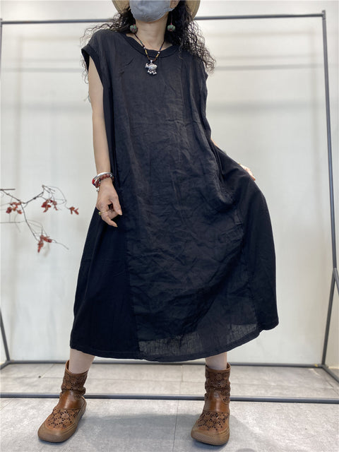 Plus Stærð Kvenna Sumar Vintage Spliced Loose Cotton Vest Dress