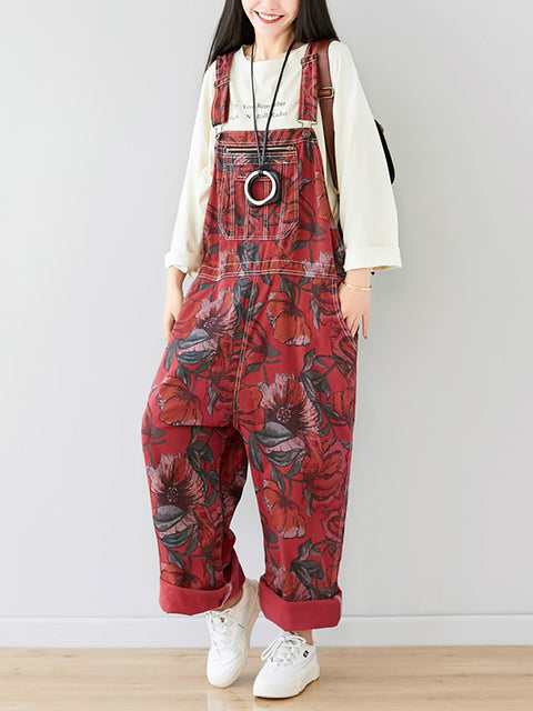 Kvenna sumar Artsy blómaprentun Pocket Loose Denim Jumpsuits