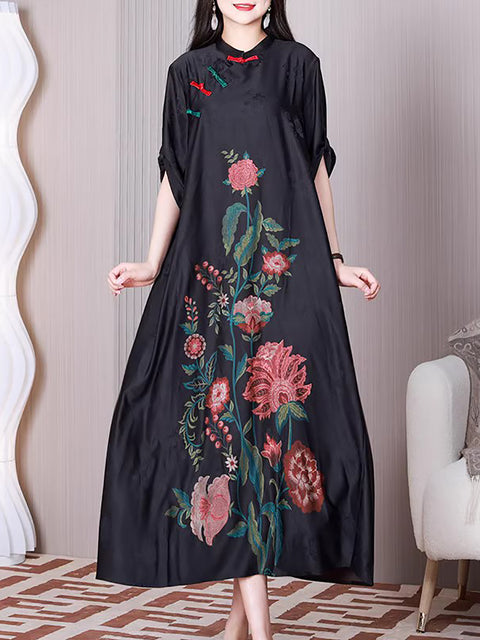 Plus Size Women Ethnic Flower A-Shape Loose Dress