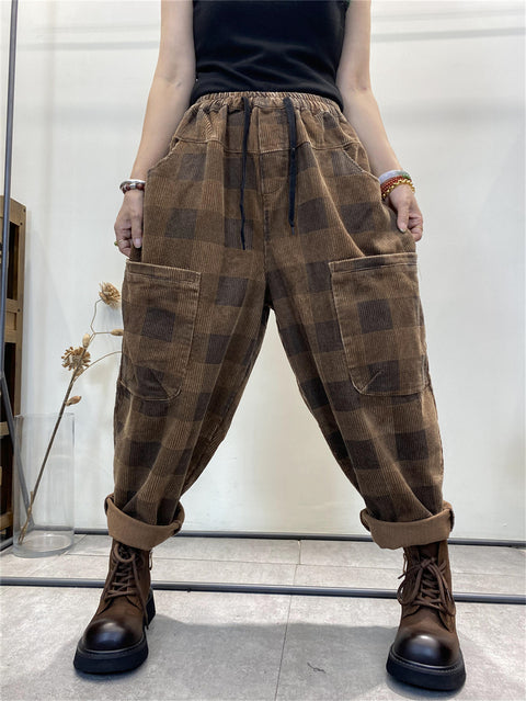 Kvinder Retro Plaid Corduroy Løse Harem Bukser