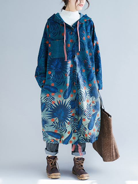 Kvinner Artsy Leaf Gradual Print Denim hette lang frakk