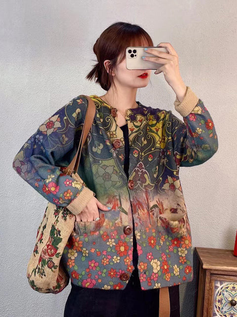 Kvinner Vinter Artsy Flower Print Strikket Cardigan Genser