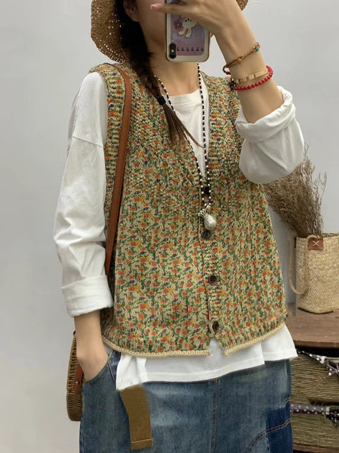 Women Spring Floral Artsy V-Neck Knitted Vest