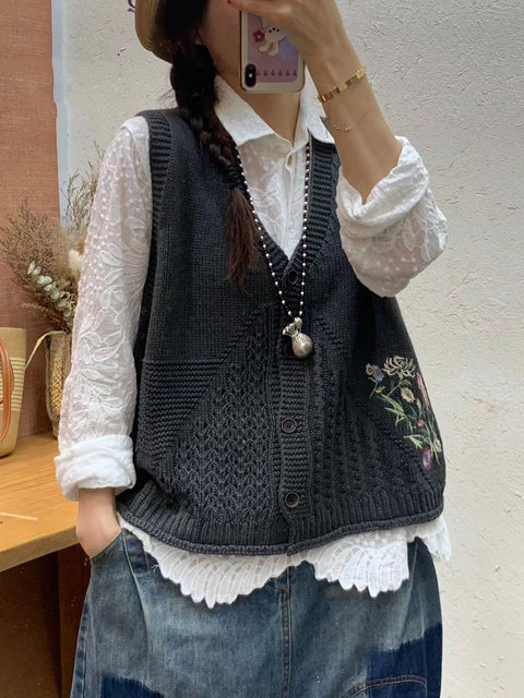 Gilet con cappuccio in maglia con ricamo floreale artistico autunnale da donna