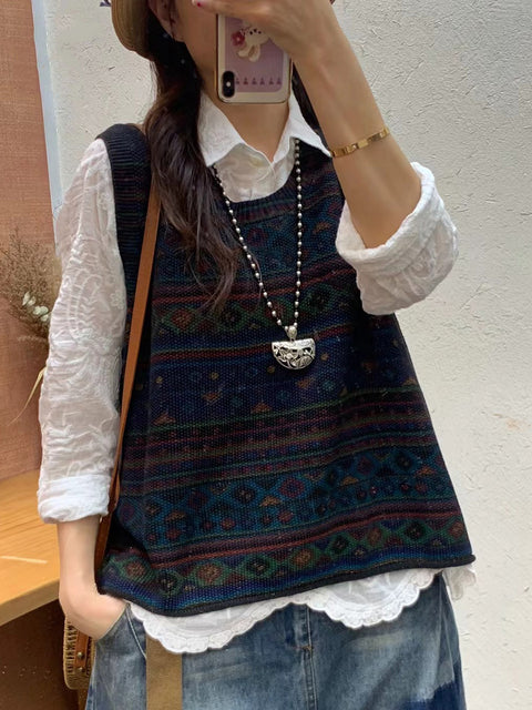 Women Autumn Artsy Colorblock Knit O-Neck Vest