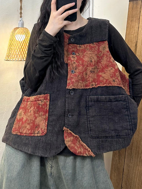 Vrouwen Etnische Bloemen Patchwork Gesplitste Katoenen Vest