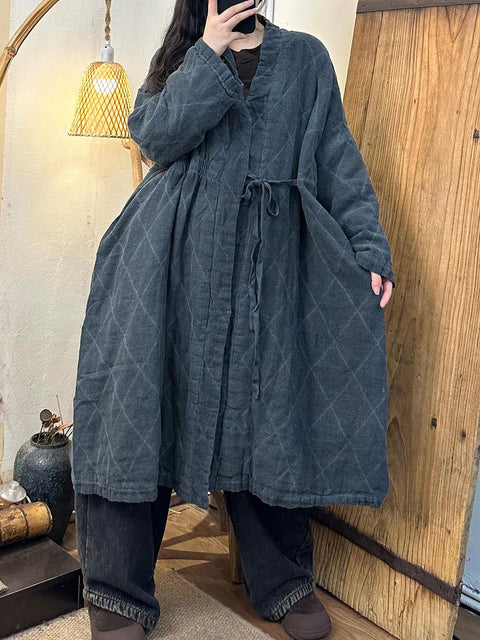 Women Autumn  Rhomboid Strap Waist Solid Linen Padded Coat