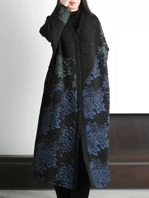 Manteau long à col en V et fleurs ethniques pour femme