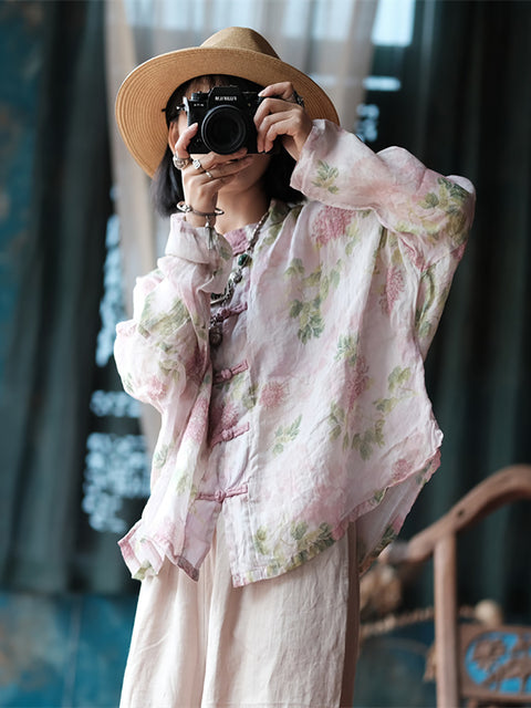 Women Ethnic Spring Flower Stand Collar Linen Shirt