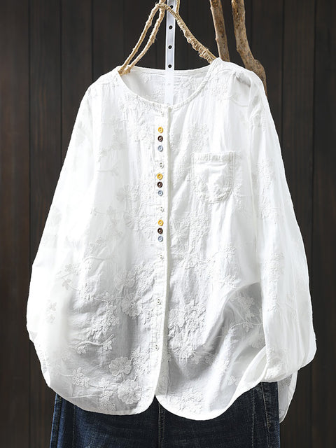 Women Spring 100%Cotton Embroidery O-Neck Shirt