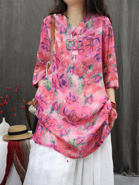 Women Spring Ethnic V-Neck Flower 100%Ramie Shirt