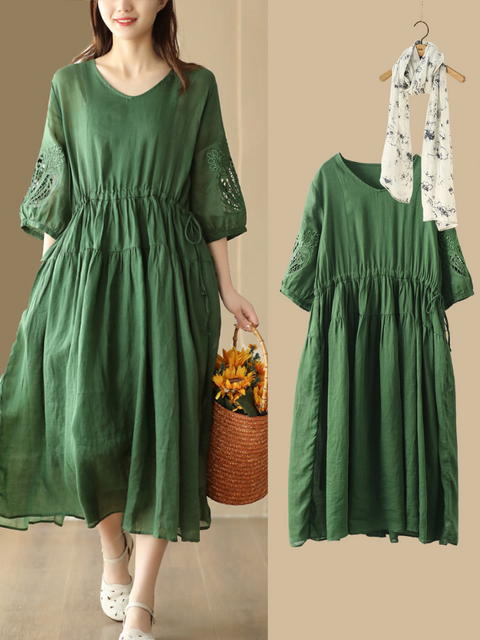 Women Vintage Embroidery Solid Stitching Ramie Dress