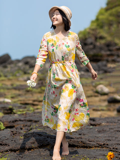 Plus Size Γυναικείο Καλοκαιρινό Prairie Chic Floral φόρεμα Ramie με λαιμόκοψη