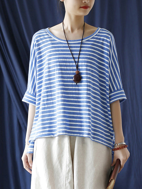 Dame Sommer Casual Stripe Løs O-hals skjorte