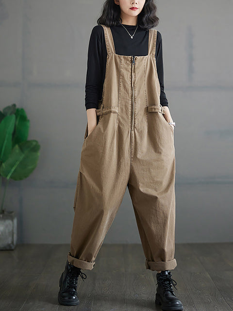 Women Autumn Vintage Zipper Casual Loose Solid Jumpsuits