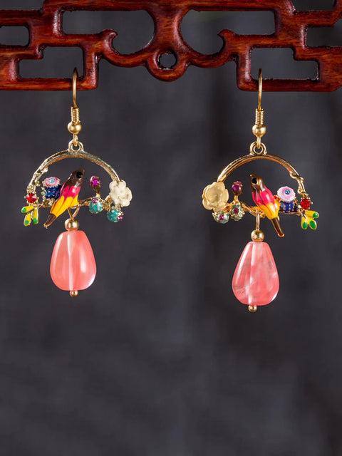 Bird And Flower Chalcedony Pendant Earrings