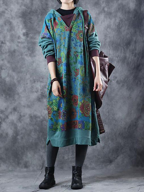 Kvinnor Artsy Flower Spring Hooded Cotton Dress