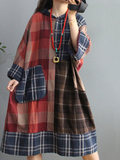 Plus Stærð Retro Plaid Big Pocket Hooded Dress