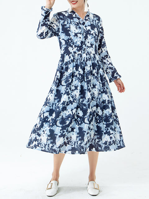 PLUS TAILLE - Robe florale à manches longues et col en V pour femme