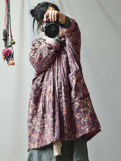 Plus Stærð - Retro Loose Warm Floral Pocket Coat