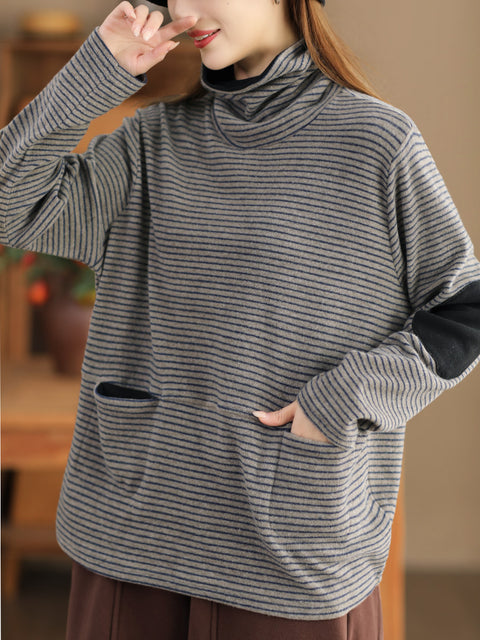 Sudadera casual con cuello alto a rayas para mujer de talla grande