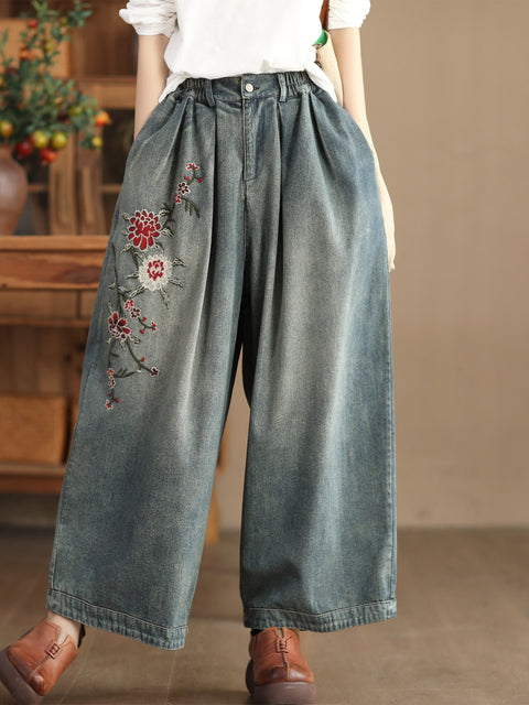 Pantalones de mezclilla con bordado de flores vintage de primavera para mujer