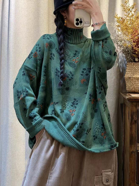 Dame Vintage Flower Strikket Turtleneck genser