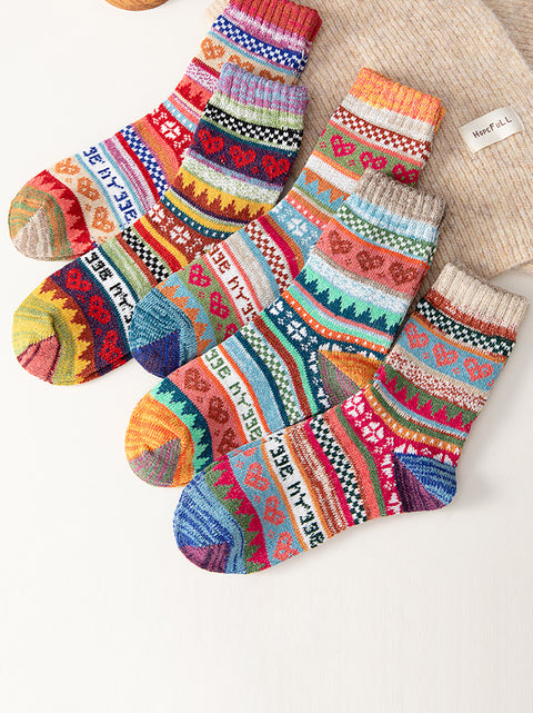 5 paires de chaussettes chaudes d'hiver ethniques pour femmes