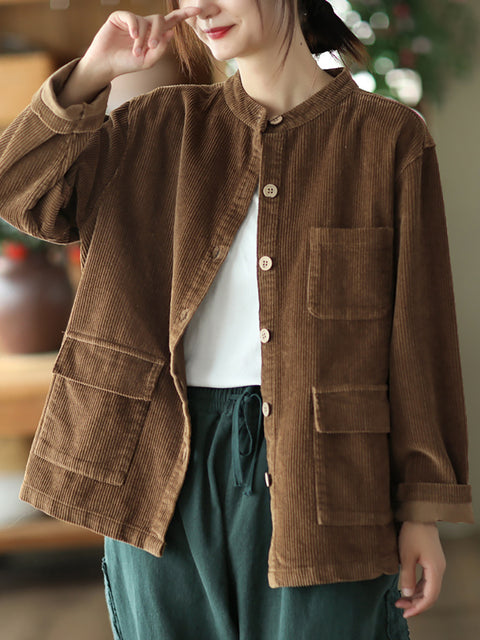 Plus Size Kvinder Solid Vintage Cotton Corduroy Coat