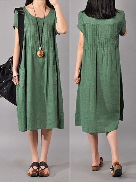 Vestido feminino plus size de algodão e linho solto em verde