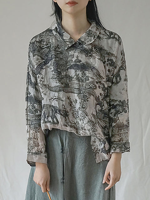 Plus Size Vintage Floral Ramie Herbst Damen Loose Shirt