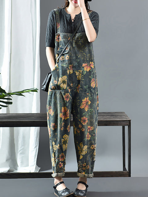 Plus Size - Blomstertryck Casual Denim Jumpsuit Dungarees i bomull