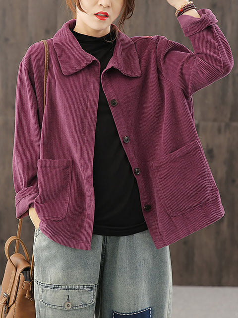 Plus Size Dame Solid Color Pocket Corduroy Jacket Coat