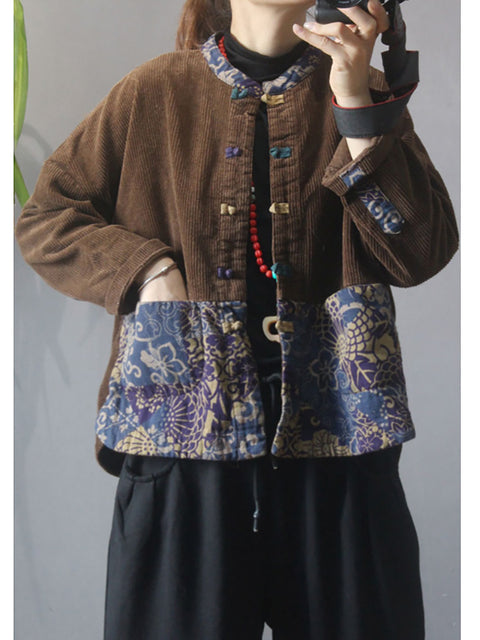 Plus Size - Dame Flower Patchwork Corduroy Coat